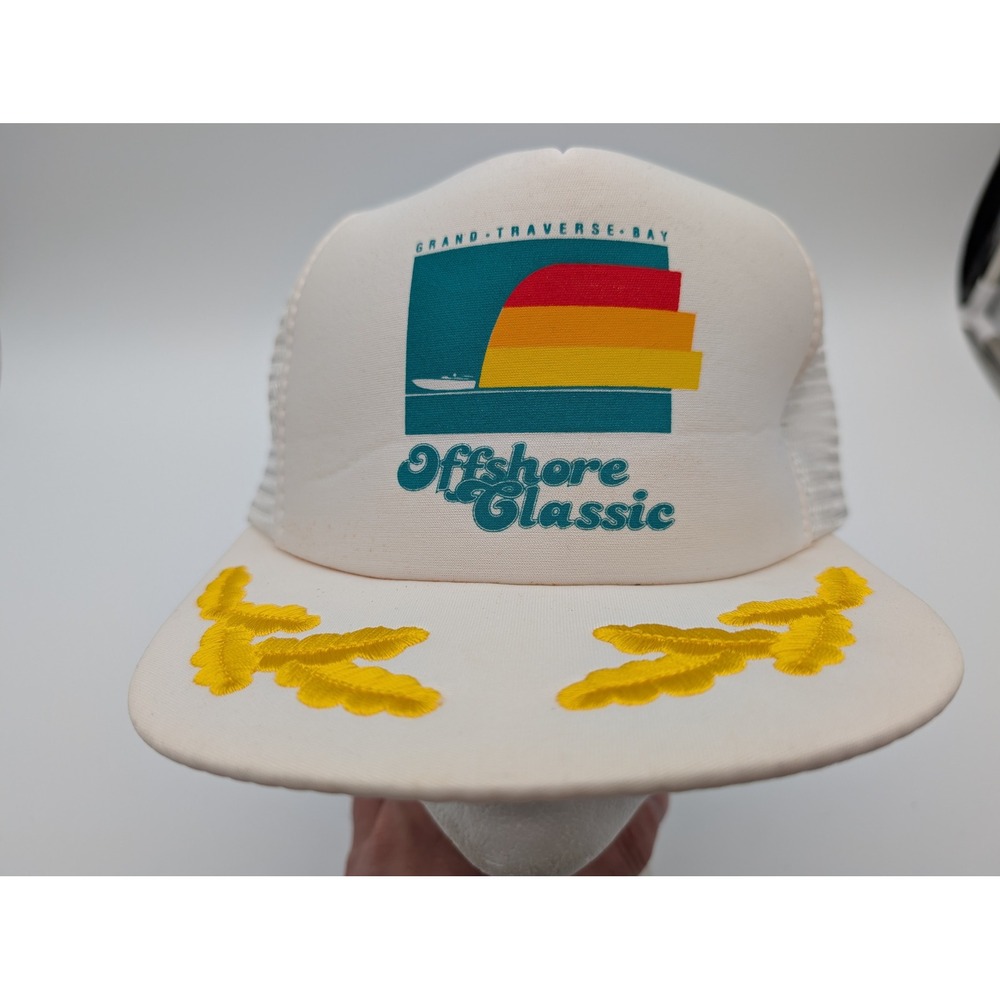 Vintage Grand Traverse Bay Offshore Classic Trucker Hat White Mesh Snapback Cap